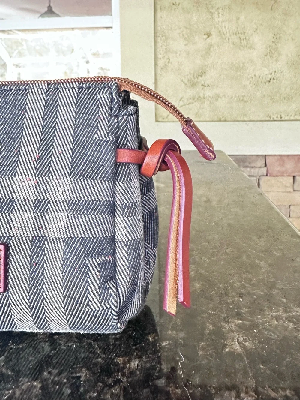 DOONEY & BOURKE ~ Gray Denim Plaid Pouch with Leather Trim and Red Interior
